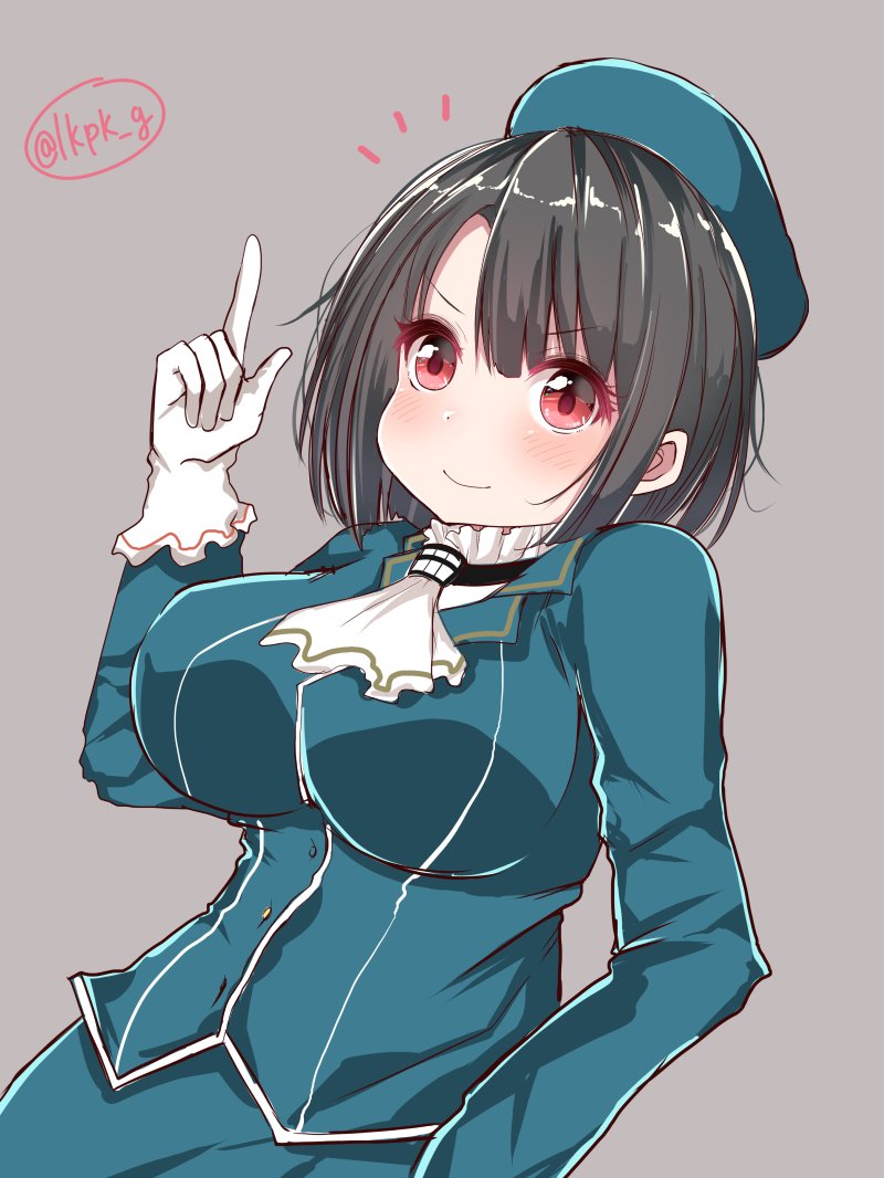 1girl arm_under_breasts bangs beret black_gloves black_hair blue_headwear breasts closed_mouth gloves grey_background hat high_collar highres kantai_collection large_breasts lkpk_g military military_uniform red_eyes short_hair takao_(kantai_collection) uniform white_neckwear