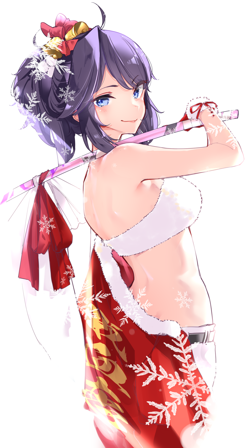 1girl ahoge bell belt black_belt blue_eyes breasts closed_mouth commentary_request hair_bell hair_ornament highres holding holding_sword holding_weapon indie_virtual_youtuber kson lips looking_at_viewer medium_breasts pants purple_hair short_hair simple_background smile snowflakes solo sword virtual_youtuber weapon white_background white_pants wooden_sword yuyaiyaui