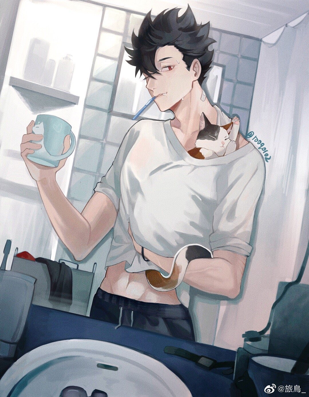 1boy alternate_form bandaid bathroom black_hair calico cat cup drawstring haikyuu!! highres kozume_kenma kuroo_tetsurou laundry_basket male_focus messy_hair midriff_peek mug navel red_eyes rooq0102 sink sleeves_rolled_up toned toned_male toothbrush toothbrush_in_mouth twitter_username watch