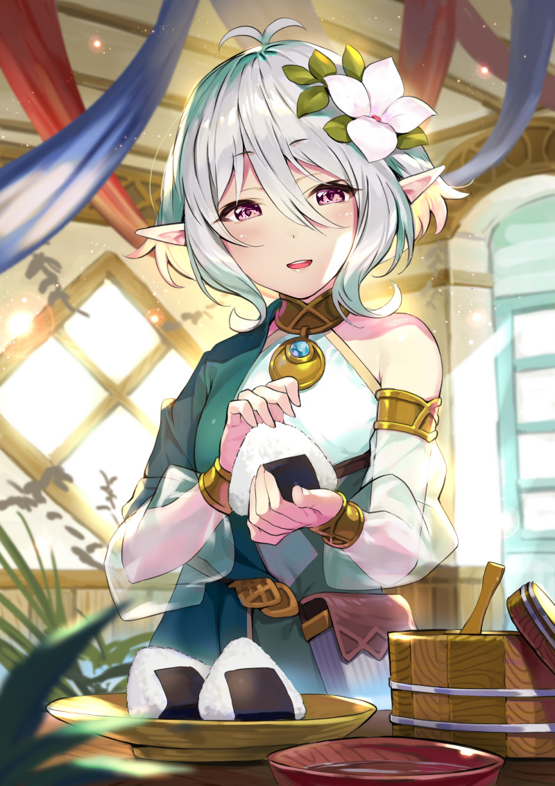 1girl bag bangs cooking elf flower food hair_flower hair_ornament handbag hmk84 holding holding_food indoors kokkoro_(princess_connect!) looking_at_viewer onigiri open_mouth plate pointy_ears princess_connect! short_hair silver_hair smile solo sunlight table window
