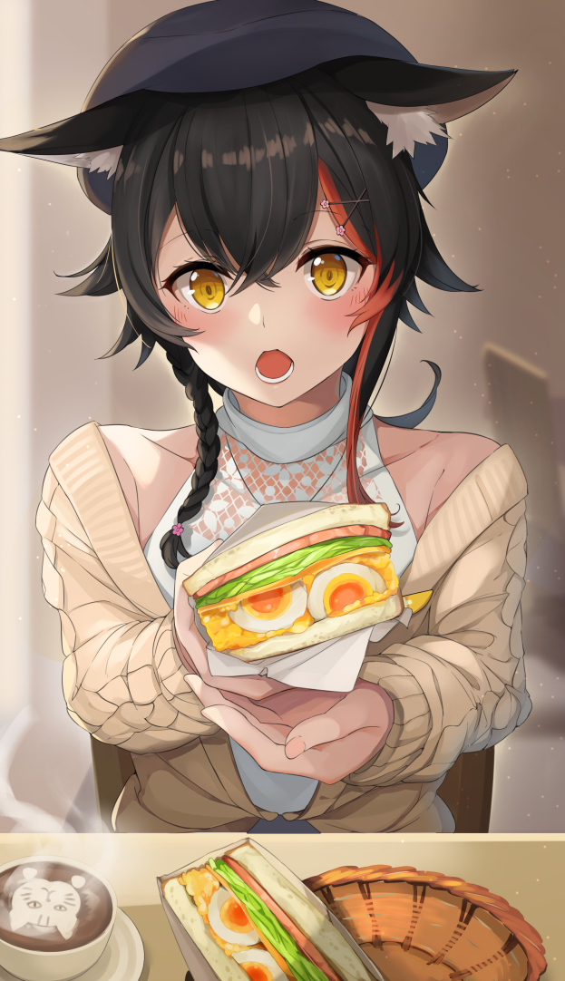 1girl animal_ear_fluff animal_ears bangs black_hair brown_cardigan brown_eyes cardigan coffee commentary_request cup eyebrows_visible_through_hair food hair_between_eyes hair_ornament hat holding holding_food hololive indoors latte_art long_hair long_sleeves looking_at_viewer multicolored_hair ookami_mio open_cardigan open_clothes open_mouth redhead sandwich saucer shirt sleeves_past_wrists solo sora_no_tori steam streaked_hair virtual_youtuber white_shirt wolf_ears wolf_girl x_hair_ornament