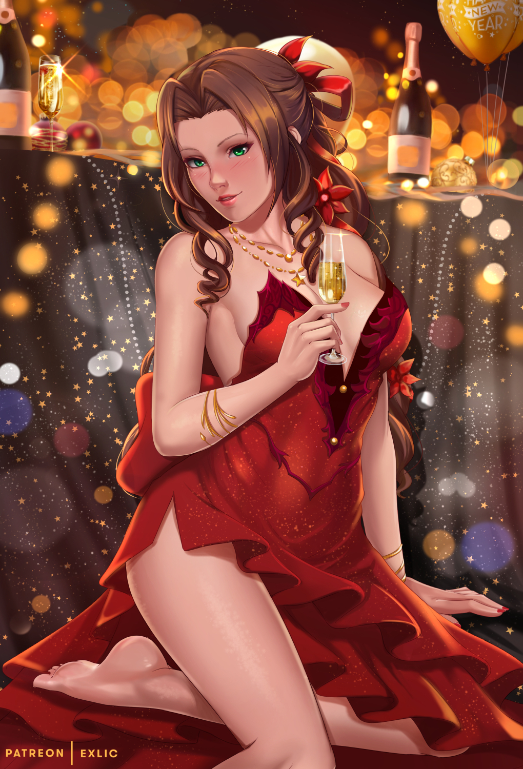 1girl aerith_gainsborough alcohol balloon bare_legs bare_shoulders barefoot blush breasts brown_hair champagne champagne_bottle cup dress drill_hair english_commentary exlic feet final_fantasy final_fantasy_vii flower green_eyes hair_flower hair_ornament hair_ribbon happy_new_year highres holding holding_cup lips long_hair looking_at_viewer medium_breasts new_year parted_lips red_flower ribbon solo strapless strapless_dress twin_drills