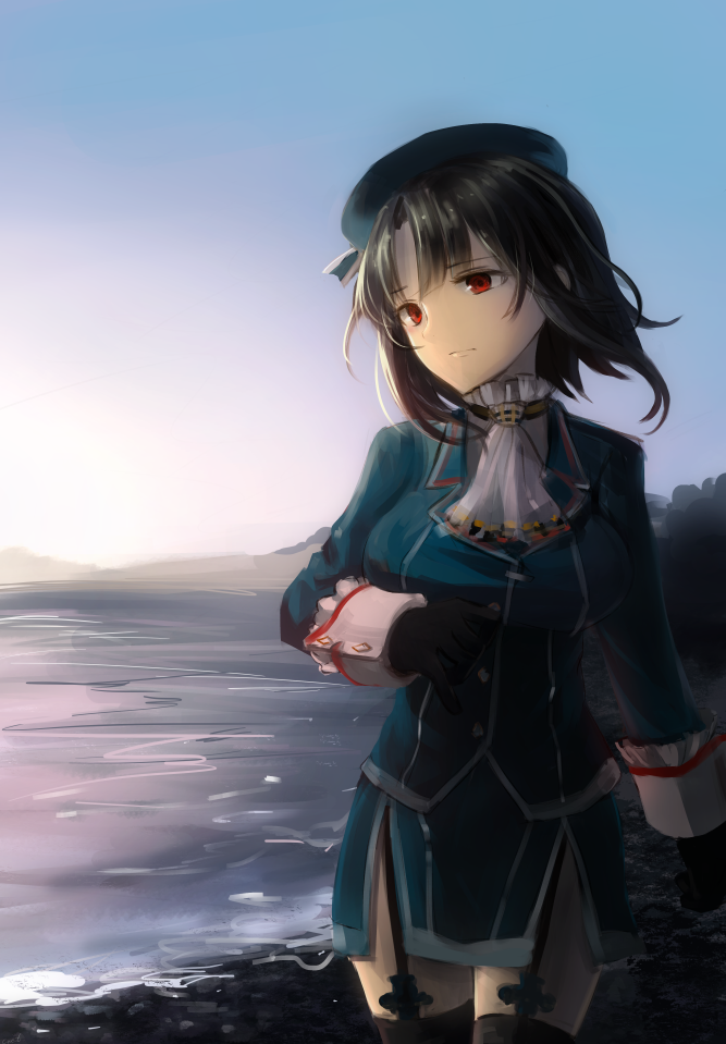 1girl arm_under_breasts bangs beret black_gloves black_hair blue_headwear breasts cae_ttm closed_mouth gloves grey_background hat high_collar highres kantai_collection large_breasts military military_uniform red_eyes short_hair takao_(kantai_collection) uniform white_neckwear