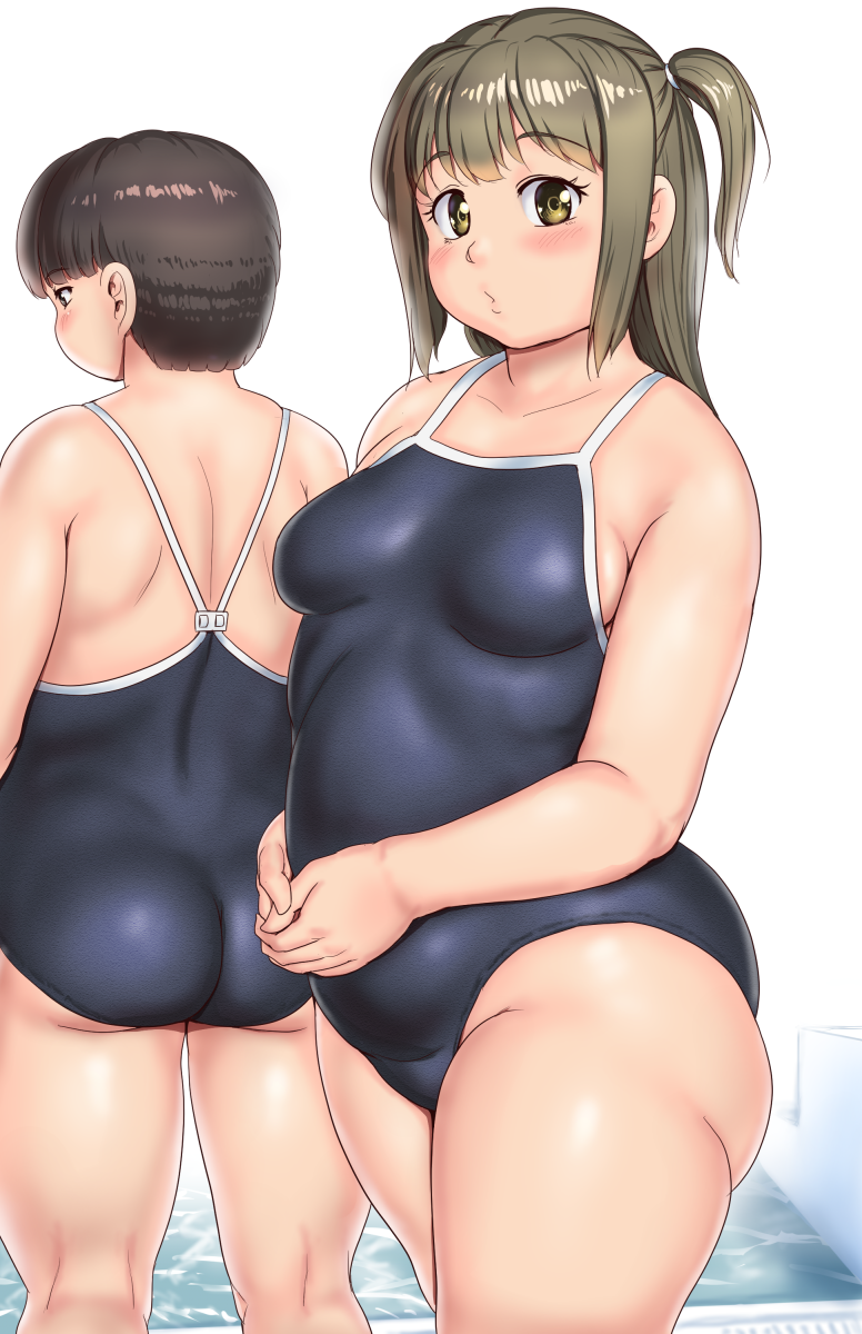 2girls bangs blush bob_cut breasts breasts_apart character_request collarbone copyright_request cowboy_shot eyebrows_visible_through_hair from_behind highres long_hair looking_at_viewer medium_breasts medium_hair multiple_girls one-piece_swimsuit orizen parted_lips plump poolside side_ponytail sidelocks straight_hair swimsuit tareme thick_thighs thighs water white_background yellow_eyes