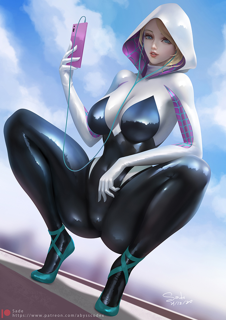 1girl artist_name ballet_slippers black_bodysuit blonde_hair blue_eyes bodysuit breasts clouds cloudy_sky earphones earphones hood hood_up large_breasts latex latex_bodysuit looking_at_viewer marvel mask nose open_mouth patreon_username patterned_clothing phone reflection reflective_clothes sade_abyss shiny shiny_clothes signature sky solo solo_focus spider-gwen spider-man_(series) spread_legs squatting teeth two-tone_bodysuit web_address white_bodysuit