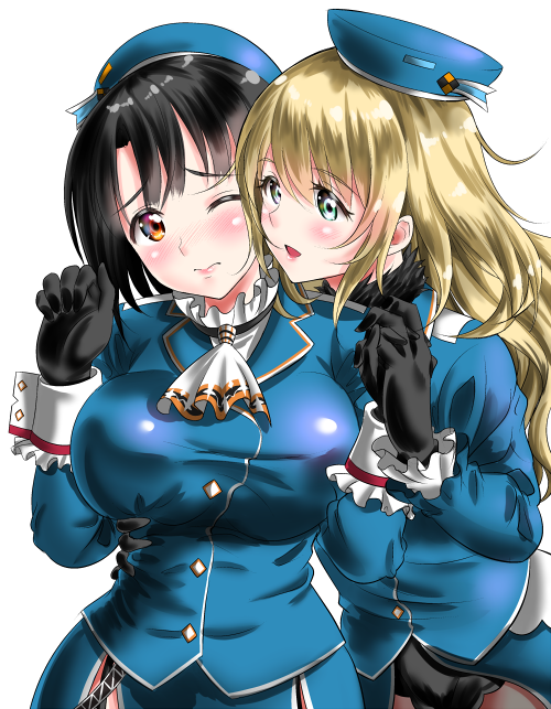 2girls atago_(kantai_collection) beret black_gloves black_hair blonde_hair blue_hat blush breast_grab breasts building closed_eyes denim eyebrows eyebrows_visible_through_hair frilled_cuffs fur_collar fur_trim gloves grabbing grabbing_from_behind hat jeans kantai_collection kasugano_tobari large_breasts long_hair long_sleeves military military_uniform multiple_girls necktie nose_blush open_mouth outdoors pants plant potted_plant red_eyes round_teeth short_hair takao_(kantai_collection) teeth uniform upper_body white_necktie wince wrist_cuffs yuri