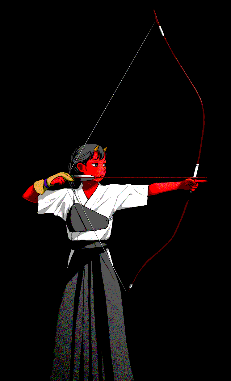 1girl archery arrow_(projectile) black_background black_eyes black_hair bow_(weapon) colored_skin drawing_bow gloves hair_between_eyes hakama highres holding holding_bow_(weapon) holding_weapon horns japanese_clothes looking_afar muneate oni oni_horns original partially_fingerless_gloves ponytail red_skin shokugyo single_glove solo weapon yugake