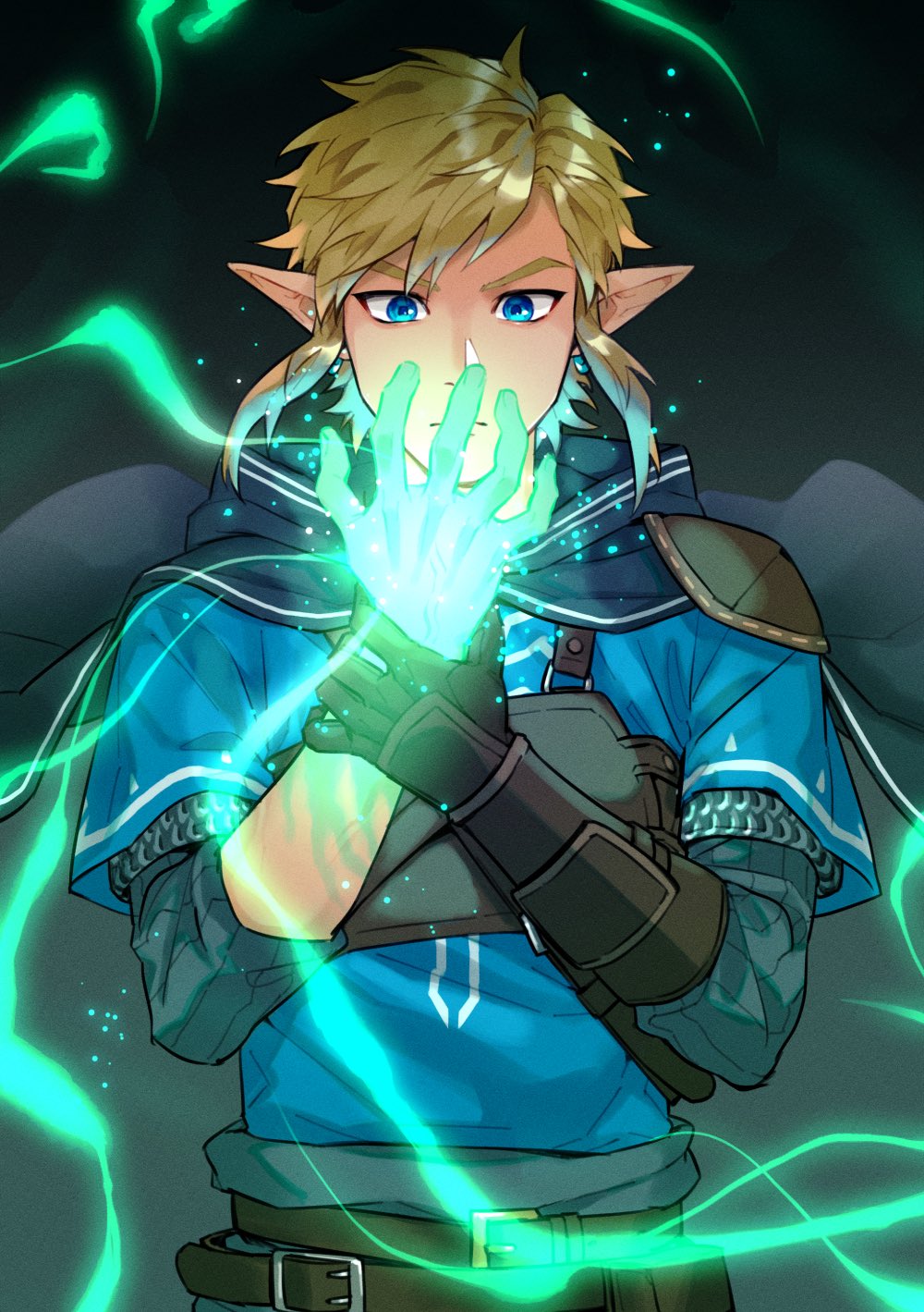 1boy amagosi armor bangs belt blonde_hair blue_eyes blue_tunic brown_gloves chainmail closed_mouth commentary_request energy frown gloves hand_on_own_wrist highres link looking_down male_focus pointy_ears shiny shiny_hair short_hair shoulder_pads single_shoulder_pad solo strap the_legend_of_zelda upper_body