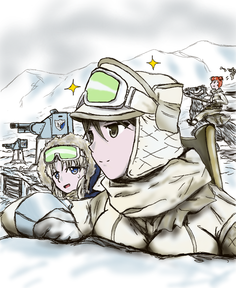 3girls aki_(girls_und_panzer) brown_eyes girls_und_panzer gloves goggles goggles_on_head hoth jacket kilroylw long_sleeves mika_(girls_und_panzer) mikko_(girls_und_panzer) military military_uniform multiple_girls redhead short_hair short_twintails smile snow star_wars tauntaun trench turret twintails uniform