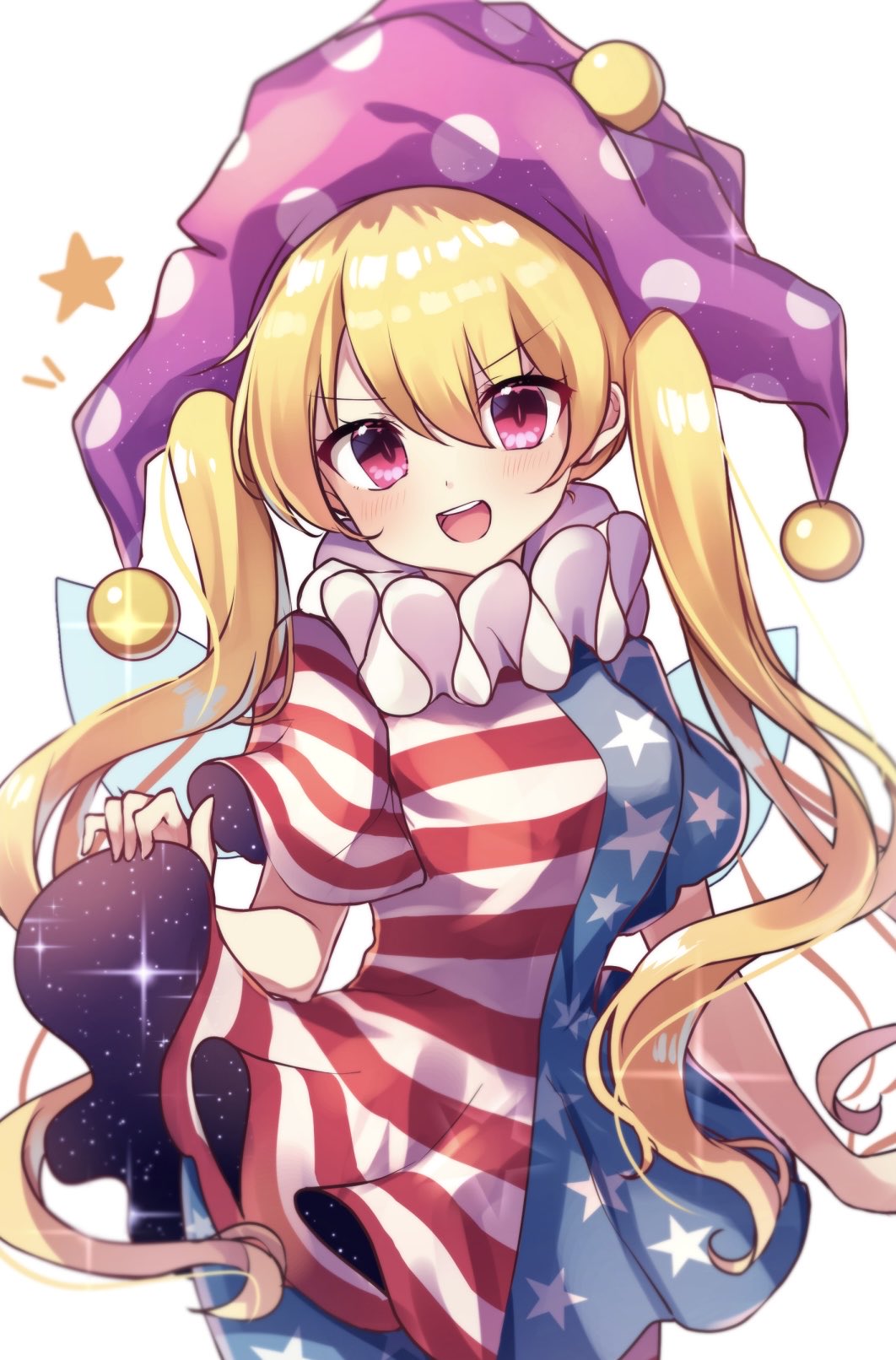 american_flag american_flag_dress american_flag_legwear american_flag_shirt blonde_hair clownpiece dress fairy fairy_wings frilled_shirt_collar frills hat highres jester_cap leggings long_hair moshihimechan neck_ruff pantyhose pink_eyes polka_dot polka_dot_headwear polos_crown star_(symbol) star_print touhou very_long_hair wings