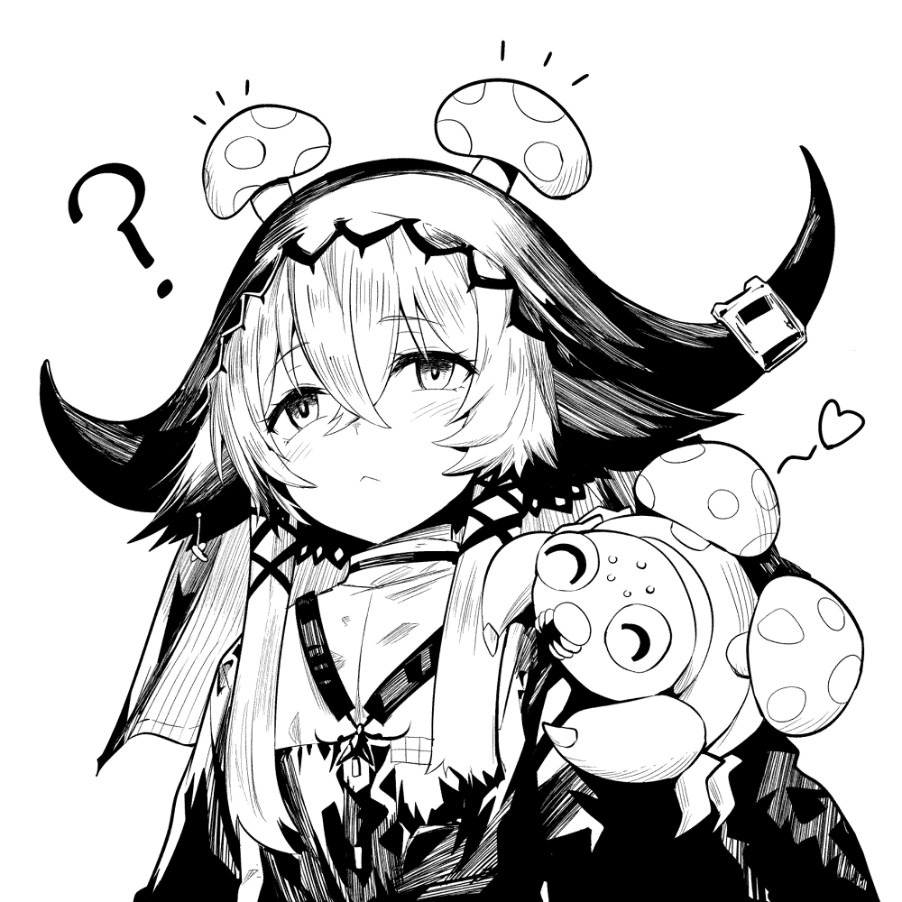 1girl :&lt; ? animal_ears arknights bangs blush closed_mouth cow_ears cow_girl cow_horns creature creature_on_shoulder crossover edobox eyebrows_visible_through_hair greyscale heart horns monochrome mushroom_on_head on_shoulder pallas_(arknights) paras pokemon pokemon_(creature) short_hair_with_long_locks sidelocks simple_background upper_body veil white_background