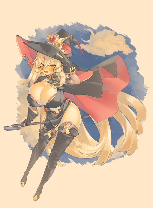 blonde_hair bra broom broom_riding cape cleavage clouds fang flying gloves hat huge_breasts long_hair microdress moon nui_sociere orange_hair pincerpencil revealing_clothes skin_fang sky smile thigh-highs thigh_boots thighs yellow_eyes