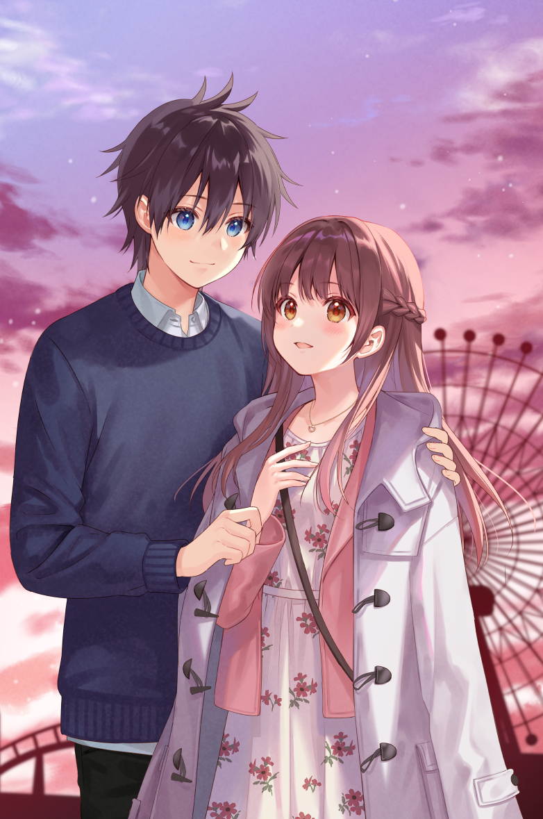 1boy 1girl blue_eyes blush braid brown_hair closed_mouth clouds cloudy_sky coat couple cover cover_page dress dressing ferris_wheel fingernails floral_print fukahire_(ruinon) hair_between_eyes hand_on_another's_shoulder jewelry light_brown_hair long_hair looking_at_another necklace official_art open_mouth orange_eyes original purple_sky red_pupils silhouette sky smile sweater textless white_coat white_dress