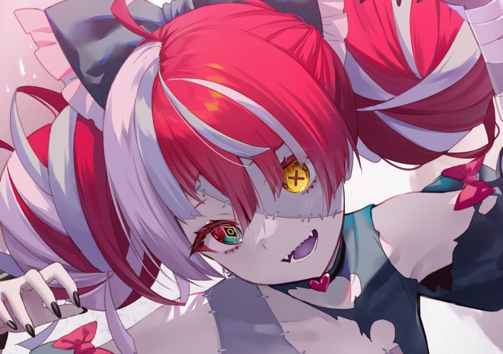 1girl ahoge arms_up bare_shoulders black_bow black_choker black_nails bow choker colored_skin colored_tongue diamond-shaped_pupils diamond_(shape) earrings eyelashes fangs fingernails frilled_bow frills fukahire_(ruinon) green_eyes grey_hair grey_skin hair_between_eyes hair_bow heart heart_choker heterochromia hololive hololive_indonesia jewelry kureiji_ollie long_eyelashes long_fingernails multicolored_eyes multicolored_hair open_mouth outstretched_arms pink_bow pink_hair purple_tongue red_bow red_eyes redhead single_earring smile solo stitches streaked_hair symbol-shaped_pupils teeth torn torn_clothes upper_body virtual_youtuber x-shaped_pupils yellow_eyes zombie zombie_pose