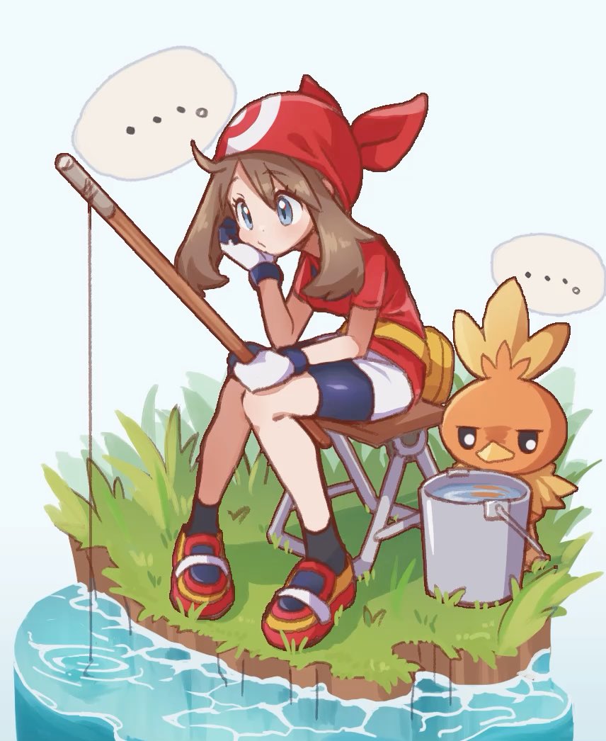 ... 1girl bangs bike_shorts black_legwear brown_hair bucket closed_mouth commentary_request eyelashes fishing fishing_rod gloves grass grey_eyes head_rest hiisu_(s-1104-d) holding holding_fishing_rod may_(pokemon) pigeon-toed pokemon pokemon_(creature) pokemon_(game) pokemon_rse red_bandana red_footwear red_shirt shirt shoes short_sleeves sitting skirt socks spoken_ellipsis stool torchic water white_skirt