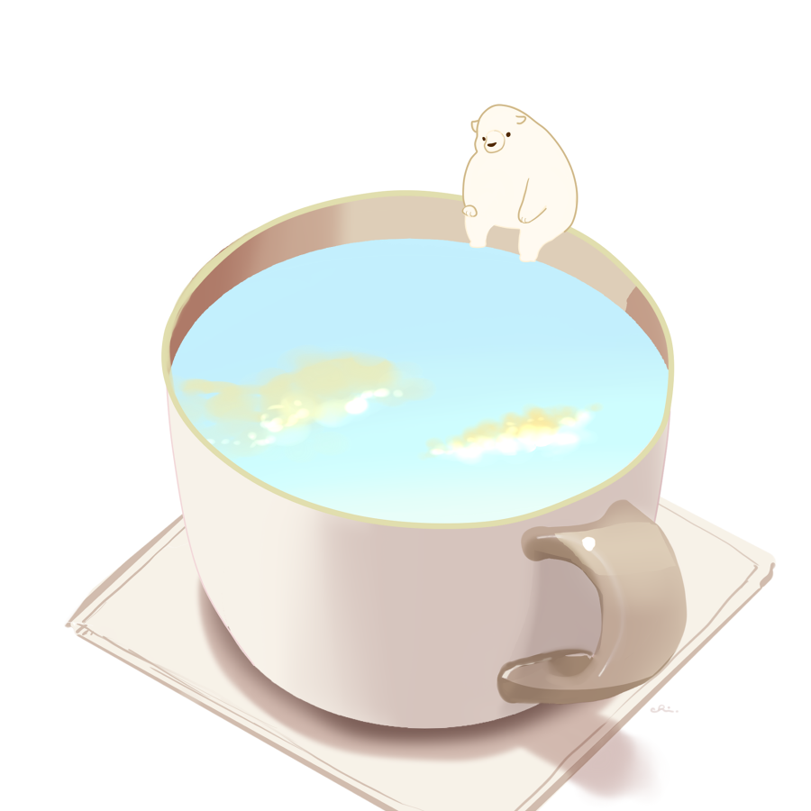animal animal_focus bear chai clouds commentary cup napkin no_humans original polar_bear shadow signature simple_background sitting sky staring teacup undersized_animal white_background