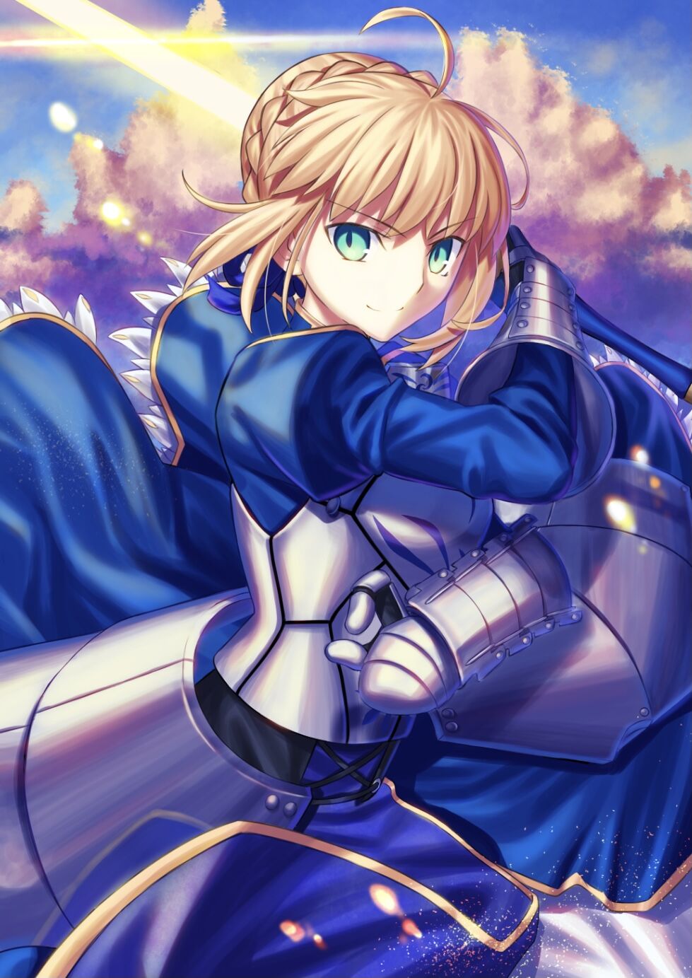 1girl ahoge artoria_pendragon_(all) blonde_hair blue_ribbon breasts campbell-ca cleavage_cutout clothing_cutout excalibur_(fate/stay_night) fate/grand_order fate/stay_night fate_(series) green_eyes hair_bun hair_ribbon holding holding_weapon juliet_sleeves long_sleeves medium_breasts puffy_sleeves ribbon saber solo sword weapon