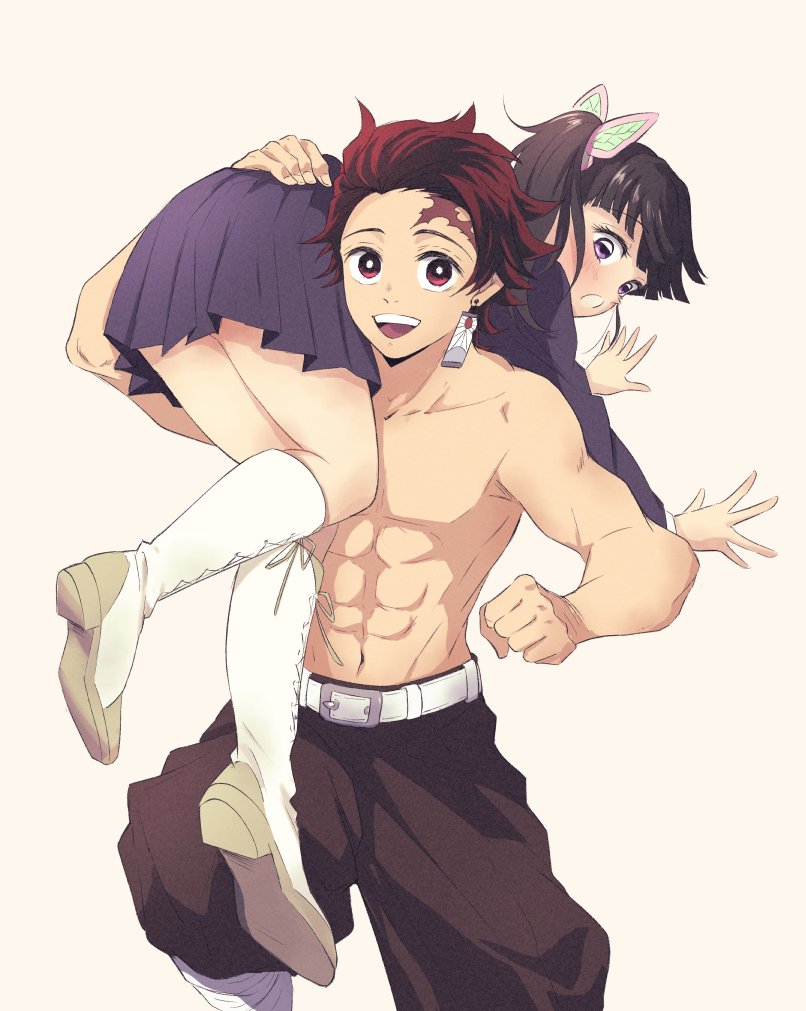 1boy 1girl abs baggy_pants bangs black_pants blunt_bangs blush boots butterfly_hair_ornament carrying carrying_over_shoulder earrings hair_ornament high_heel_boots high_heels jewelry kamado_tanjirou kimetsu_no_yaiba muscular open_mouth pants pleated_skirt ponytail purple_hair red_eyes redhead san_mon scar scar_on_face scar_on_forehead skirt smile topless tsuyuri_kanao violet_eyes