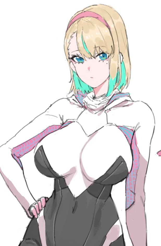 1girl animification aqua_hair bangs blonde_hair blue_eyes bodysuit breasts colored_inner_hair covered_navel gwen_stacy hair_behind_ear hairband hand_on_hip hooded_bodysuit large_breasts looking_at_viewer marvel mole mole_under_eye multicolored_hair pink_hairband short_hair sketch solo spider-gwen spider-man_(series) superhero upper_body white_background white_bodysuit xiangzi_box