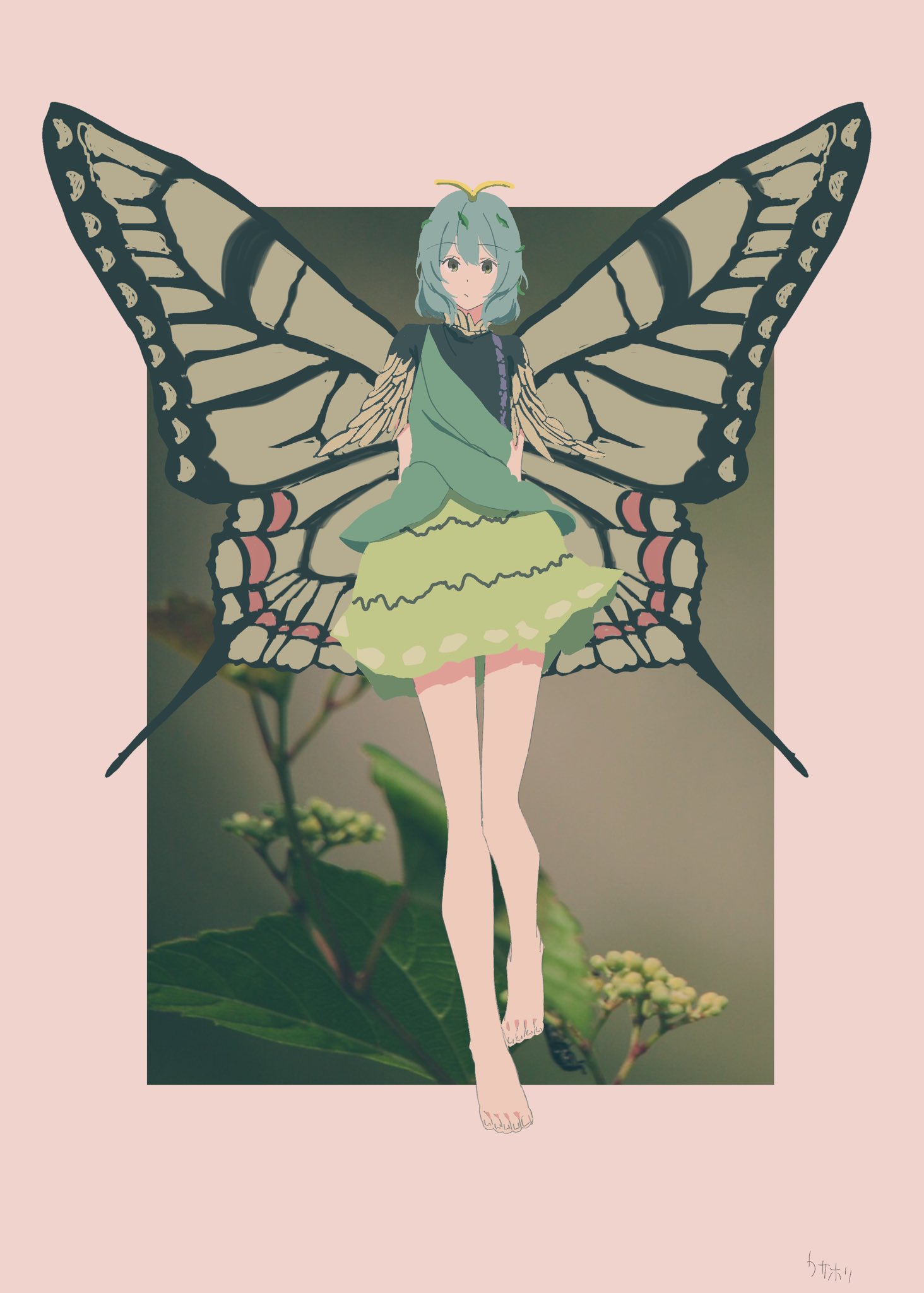 1girl antennae aqua_hair arms_behind_back artist_name barefoot brown_eyes butterfly_wings closed_mouth dress eternity_larva eyebrows_visible_through_hair fairy full_body green_dress hair_between_eyes highres irohasu_(sasagarasu) leaf leaf_on_head multicolored_clothes multicolored_dress one-hour_drawing_challenge photo_background short_hair short_sleeves signature single_strap solo touhou wings