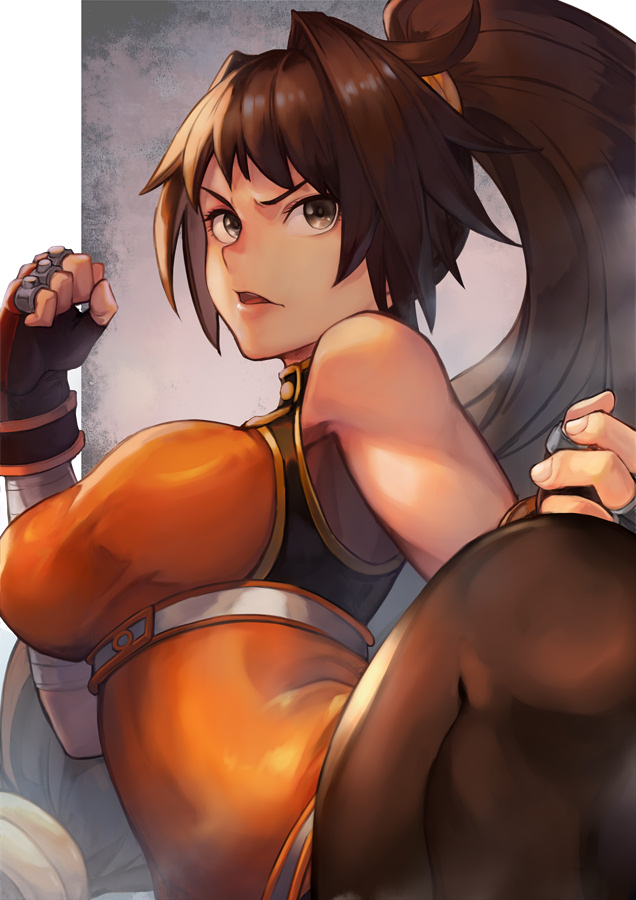 1girl bandages black_gloves breasts brown_eyes brown_hair dnf_duel dungeon_and_fighter fighter_(dungeon_and_fighter) fighting_stance fingerless_gloves gloves hinoru_saikusa large_breasts leg_up long_hair low-tied_long_hair open_mouth ponytail solo striker_(dungeon_and_fighter) tied_hair