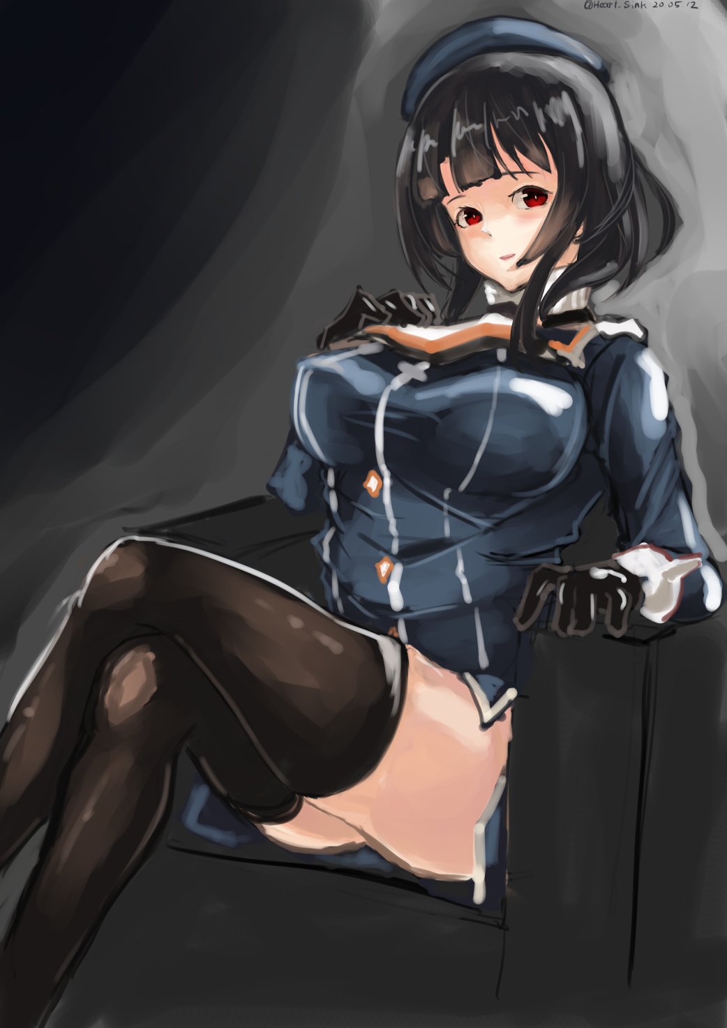 1girl arm_under_breasts bangs beret black_gloves black_hair blue_headwear breasts closed_mouth gloves grey_background hat heart_sink high_collar highres kantai_collection large_breasts military military_uniform red_eyes short_hair takao_(kantai_collection) uniform white_neckwear