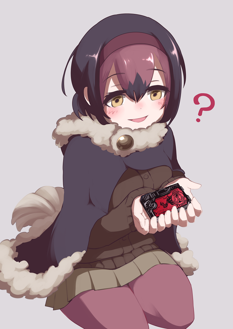 1girl 9735aoitora :d ? bird_tail black_hair blush boots brown_jacket brown_skirt brown_sweater commentary_request dated dodo_(kemono_friends) empty_eyes eyebrows_visible_through_hair fur_collar fur_trim hair_between_eyes hairband holding hood hood_down jacket kamen_rider kamen_rider_01_(series) kemono_friends long_sleeves multicolored_hair open_mouth pantyhose pink_hair pink_pantyhose pleated_skirt poncho short_hair skirt smile solo sweater tail yellow_eyes