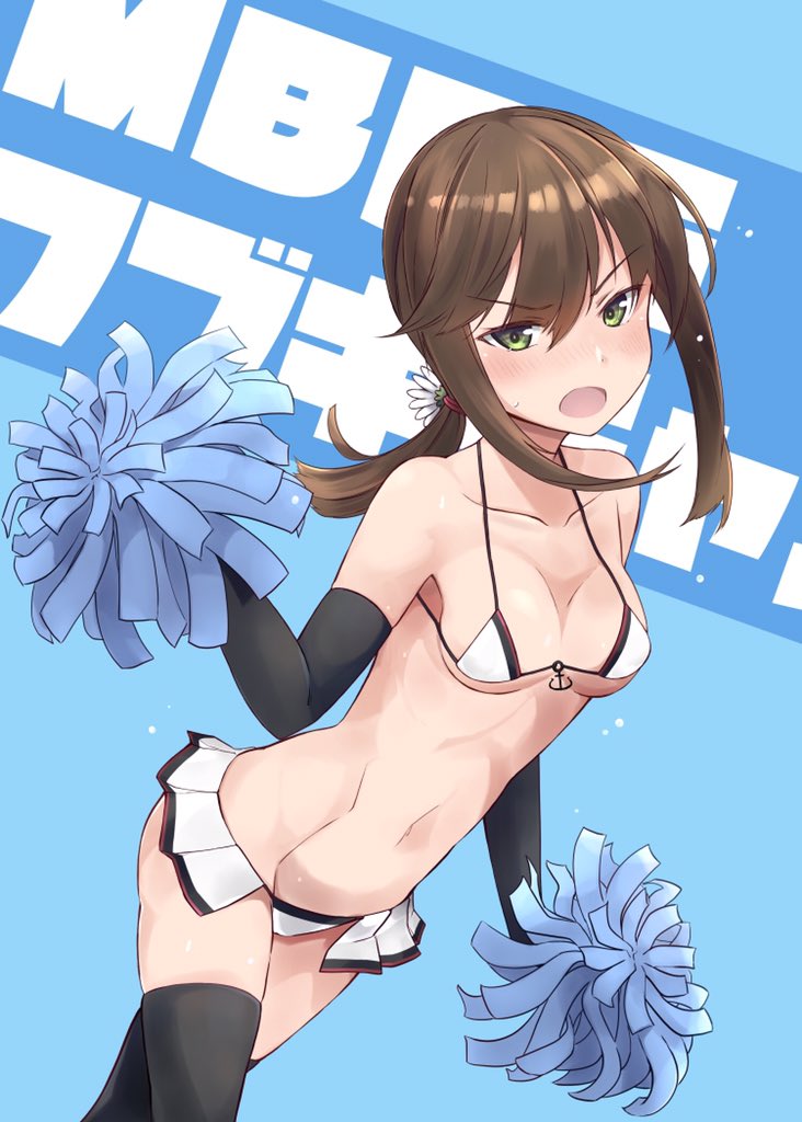 1girl anchor_ornament angry bikini bikini_skirt black_gloves black_hair black_legwear blue_background breasts cheerleader collarbone cowboy_shot elbow_gloves eyebrows_visible_through_hair fubuki_(kancolle) gloves green_eyes hair_between_eyes kantai_collection long_hair looking_at_viewer low_ponytail micro_bikini minosu navel open_mouth pleated_skirt pom_pom_(cheerleading) ponytail short_ponytail sidelocks skirt small_breasts solo swimsuit thigh-highs white_bikini