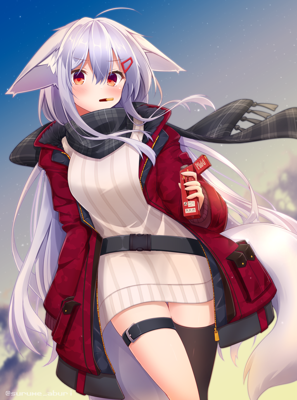 1girl animal_ear_fluff animal_ears bangs black_legwear blush breasts clouds eyebrows_visible_through_hair food food_in_mouth fox_ears fox_girl fox_tail fringe_trim grey_scarf hair_between_eyes hair_ornament hairclip highres jacket long_hair long_sleeves looking_at_viewer medium_breasts mouth_hold open_clothes open_jacket original outdoors plaid plaid_scarf pocky red_eyes red_jacket ribbed_sweater scarf shirogane_kasane silver_hair single_thighhigh sky sleeves_past_fingers sleeves_past_wrists solo star_(sky) starry_sky sunset surume_aburi sweater tail thigh-highs twitter_username very_long_hair white_sweater