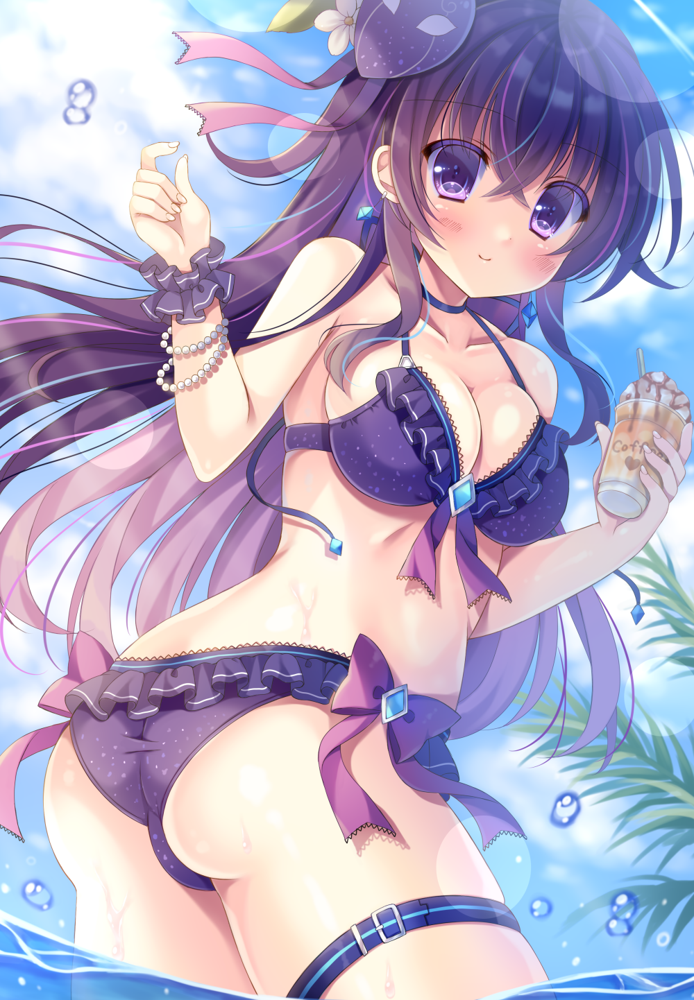 1girl ass bikini blue_sky breasts bubble butt_crack cup day drink drinking_straw flower hair_flower hair_ornament highres holding holding_cup kouta. large_breasts long_hair looking_at_viewer ocean original purple_bikini purple_hair sky smile solo sunlight swimsuit very_long_hair violet_eyes water