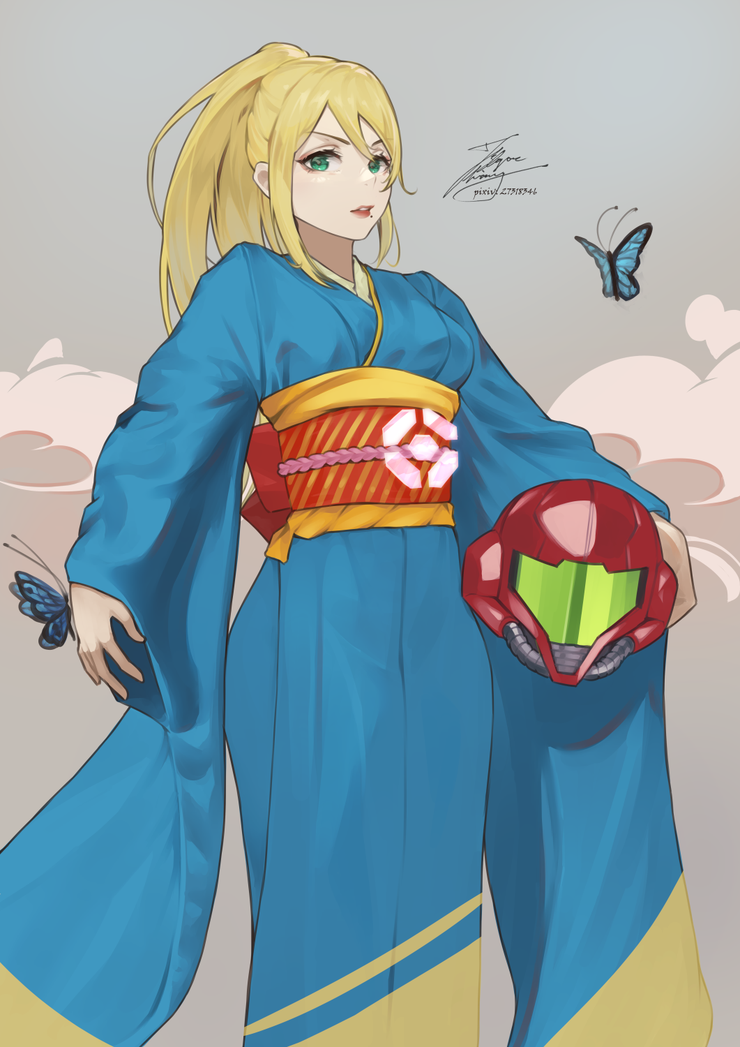 1girl blonde_hair blue_butterfly blue_kimono bug butterfly commentary fadingz green_eyes grey_background headwear_removed helmet helmet_removed highres japanese_clothes kimono lips long_hair long_sleeves metroid mole mole_under_mouth obi parted_lips ponytail samus_aran sash signature solo v-shaped_eyebrows