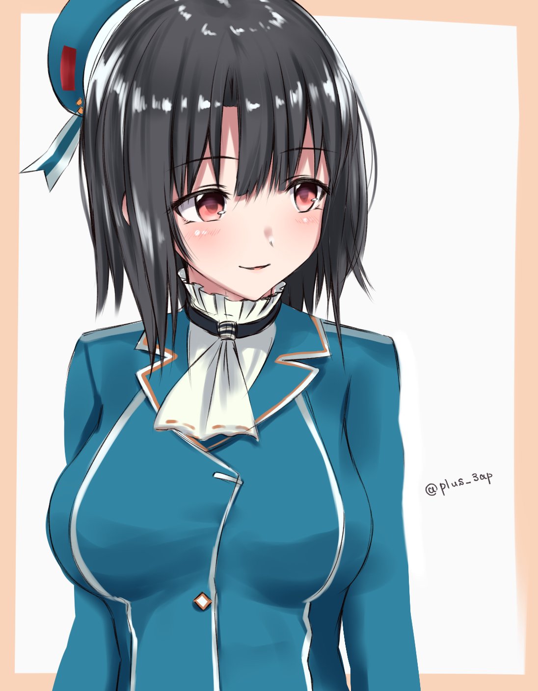 1girl arm_under_breasts bangs beret black_gloves black_hair blue_headwear breasts closed_mouth gloves grey_background hat high_collar highres kantai_collection large_breasts military military_uniform plus_3ap red_eyes short_hair takao_(kantai_collection) uniform white_neckwear