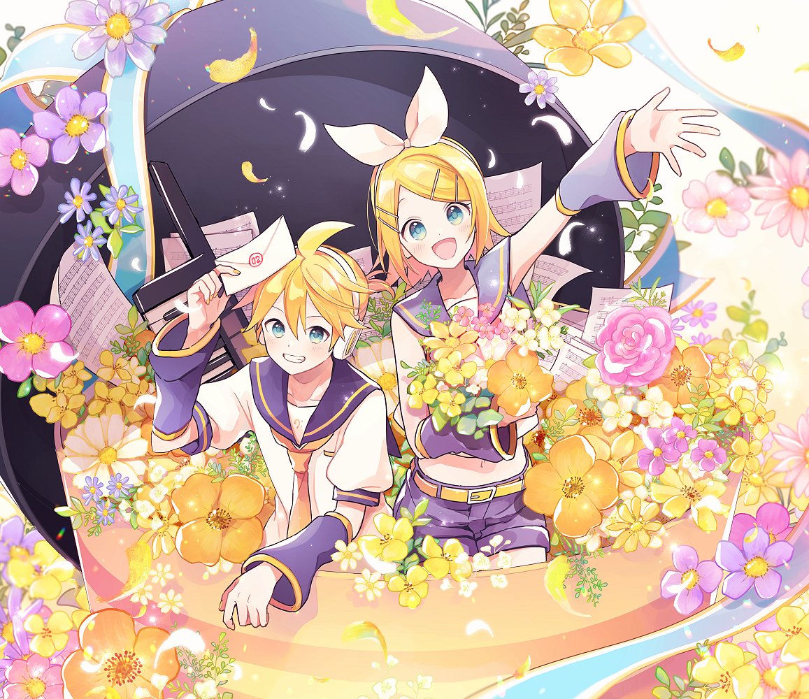 1boy 1girl arm_warmers bangs black_collar blonde_hair blue_eyes blue_ribbon bouquet bow collar commentary container crop_top envelope flower gold_trim grey_collar grey_shorts grin hair_bow hair_ornament hairclip headphones holding holding_bouquet holding_envelope in_container kagamine_len kagamine_rin looking_at_viewer necktie open_mouth orange_flower outstretched_arm pink_flower purple_flower ribbon sailor_collar school_uniform sheet_music shirt short_hair short_ponytail short_shorts short_sleeves shorts sleeveless sleeveless_shirt smile spiky_hair standing suzumi_(fallxalice) swept_bangs vocaloid white_bow white_shirt yellow_flower yellow_necktie