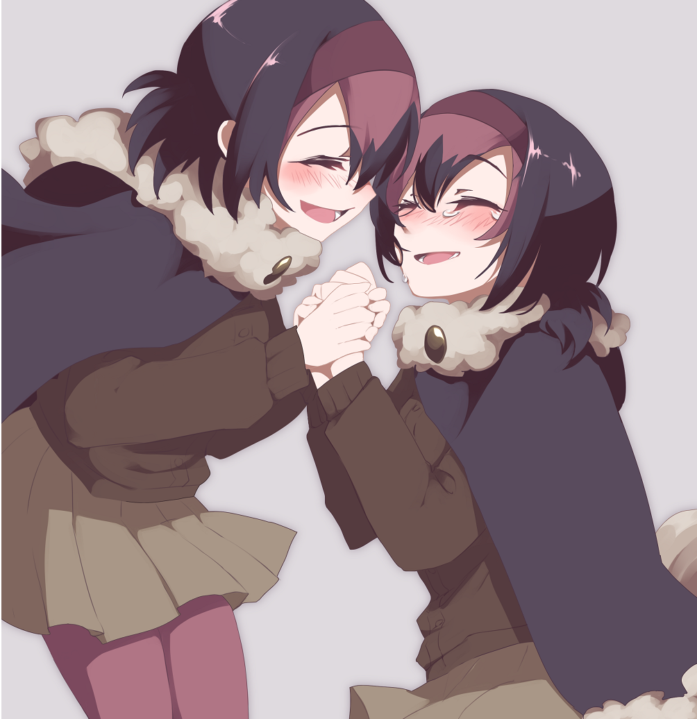 2girls 9735aoitora :d bird_tail black_hair blush brown_skirt brown_sweater closed_eyes commentary_request dodo_(kemono_friends) dual_persona eyebrows_visible_through_hair fur_collar fur_trim hair_between_eyes hair_ornament hairband holding_hands hood hood_down kemono_friends long_sleeves multiple_girls open_mouth pantyhose pink_hair pink_legwear pleated_skirt poncho short_hair skirt smile sweater tail tears