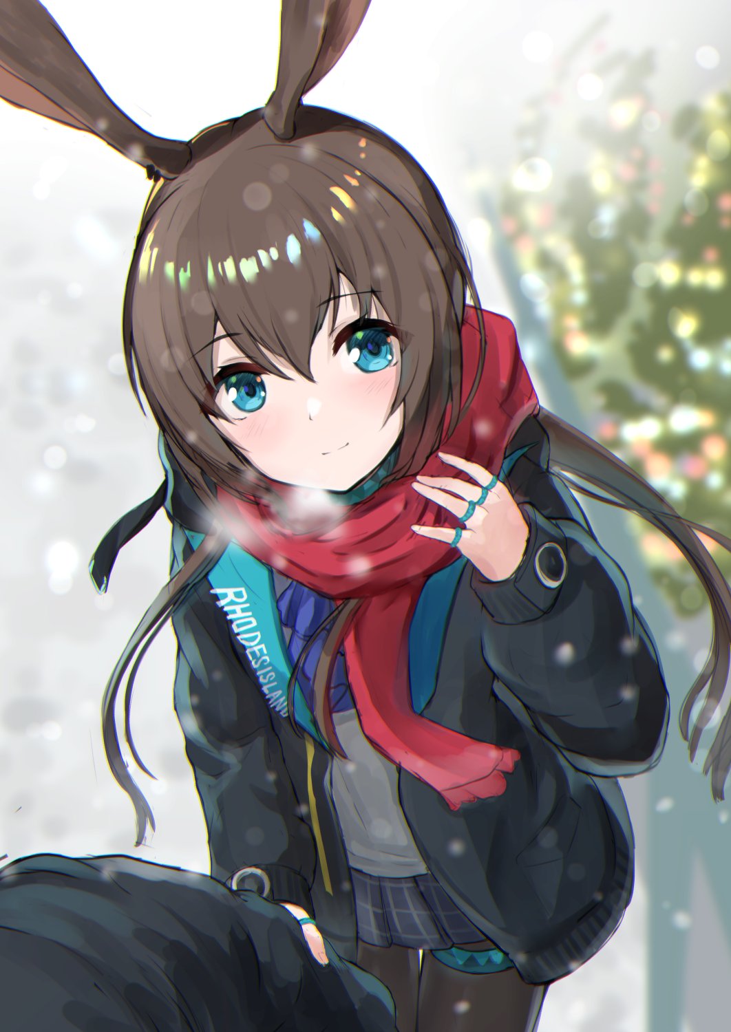 1girl 1other akabane_hibame amiya_(arknights) animal_ears arknights bangs black_jacket black_skirt blue_eyes blurry blurry_background breath brown_hair christmas christmas_ornaments christmas_tree closed_mouth commentary_request depth_of_field doctor_(arknights) eyebrows_visible_through_hair fringe_trim grey_shirt hair_between_eyes highres jacket jewelry long_hair long_sleeves open_clothes open_jacket pleated_skirt puffy_long_sleeves puffy_sleeves rabbit_ears red_scarf ring scarf shirt skirt sleeves_past_wrists smile