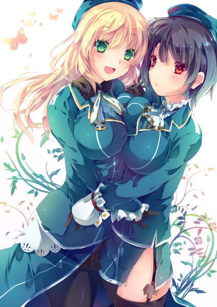 2girls aritostar atago_(kantai_collection) beret black_gloves black_hair blonde_hair blue_hat blush breast_grab breasts building closed_eyes denim eyebrows eyebrows_visible_through_hair frilled_cuffs fur_collar fur_trim gloves grabbing grabbing_from_behind hat jeans kantai_collection large_breasts long_hair long_sleeves military military_uniform multiple_girls necktie nose_blush open_mouth outdoors pants plant potted_plant red_eyes round_teeth short_hair takao_(kantai_collection) teeth uniform upper_body white_necktie wince wrist_cuffs yuri