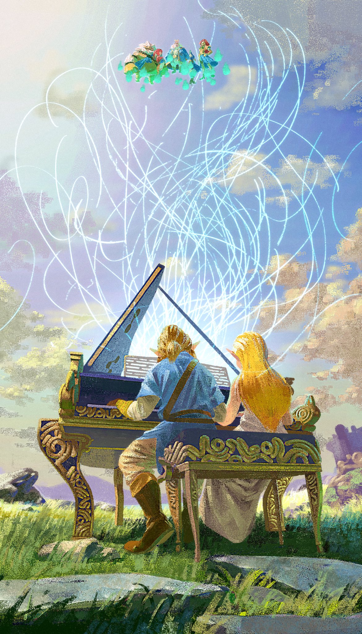 2girls 3boys belt blonde_hair blue_shirt brown_belt brown_pants chair commentary_request daruk day dress floating from_behind from_below fujimoto_gold gerudo goron grass highres instrument link long_hair mipha monster_girl multiple_boys multiple_girls music outdoors pants playing_instrument playing_piano pointy_ears princess_zelda redhead revali rito rock shirt short_ponytail sitting the_legend_of_zelda the_legend_of_zelda:_breath_of_the_wild urbosa white_dress zora