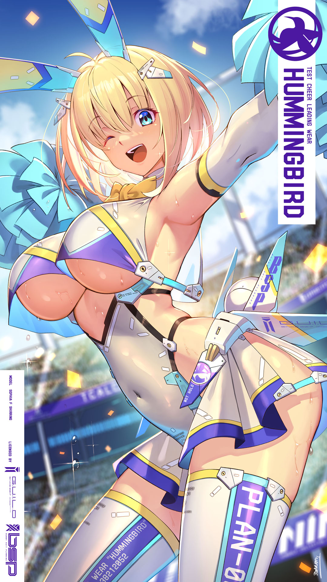 1girl animal_ears armpits bangs blonde_hair blue_eyes blush breasts covered_navel elbow_gloves eyebrows_visible_through_hair from_side gloves highres large_breasts leotard looking_at_viewer one_eye_closed open_mouth original pom_pom_(cheerleading) rabbit_ears short_hair smile solo_focus sophia_f_shirring takamine_nadare thigh-highs thighs under_boob white_gloves white_legwear white_leotard