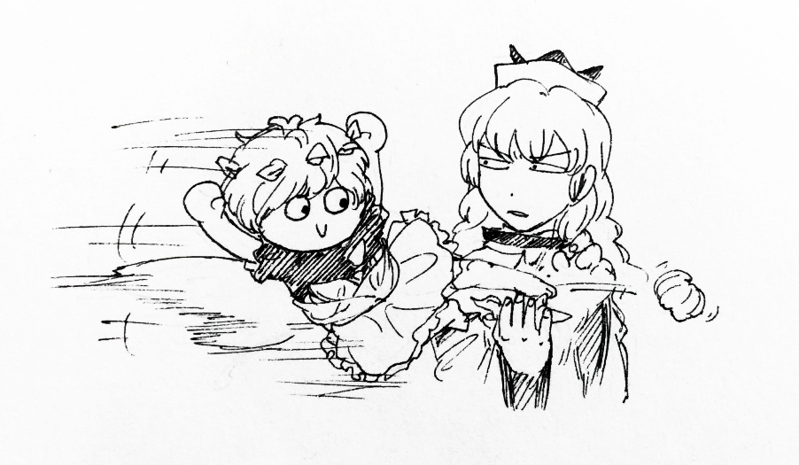 2girls :&gt; antennae barefoot boned-woo chinese_commentary closed_mouth dress eternity_larva food frown fruit greyscale hat kicking leaf leaf_on_head long_hair mandarin_orange matara_okina monochrome motion_lines multicolored_clothes multicolored_dress multiple_girls open_mouth short_hair short_sleeves simple_background single_strap smile speed_lines touhou white_background