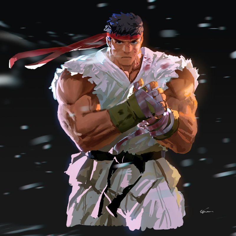 1boy bandaged_hand bandages belt black_belt black_eyes black_hair blood blood_on_bandages blood_on_clothes blood_on_face blurry closed_mouth collarbone dougi etama_quomo fingerless_gloves frown gloves green_gloves headband looking_at_viewer male_focus muscular muscular_male red_headband ryu_(street_fighter) signature snow snowing solo street_fighter torn torn_clothes