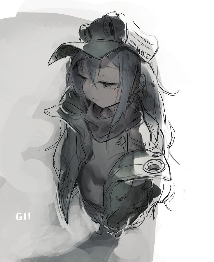 1girl bangs character_name closed_mouth coat from_above g11_(girls'_frontline) girls_frontline grey_eyes grey_hair grey_theme hair_between_eyes hat long_hair long_sleeves open_clothes open_coat perspective simple_background sketch solo standing yasushi