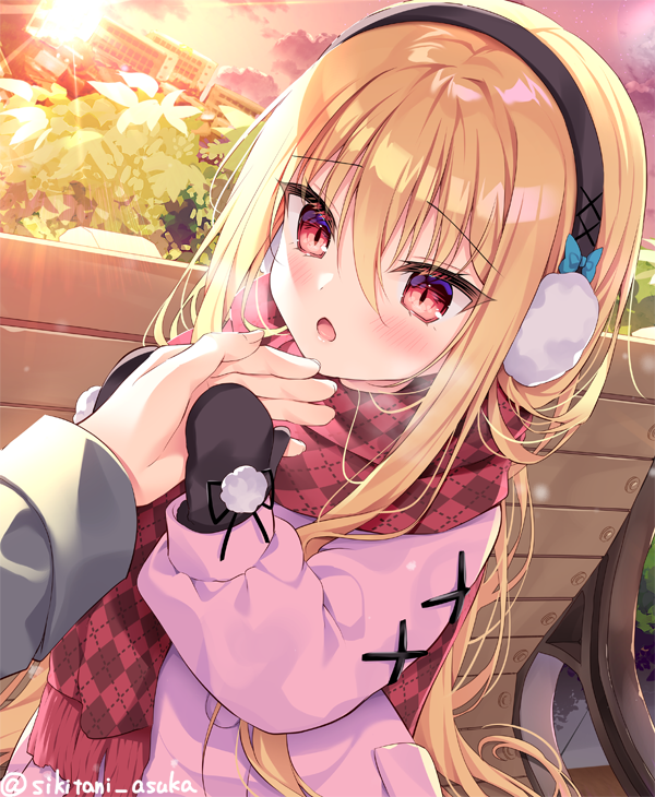 1girl 1other blonde_hair blush chestnut_mouth day dutch_angle earmuffs hair_between_eyes jacket long_hair mittens open_mouth original outdoors red_eyes scarf shikitani_asuka solo_focus winter