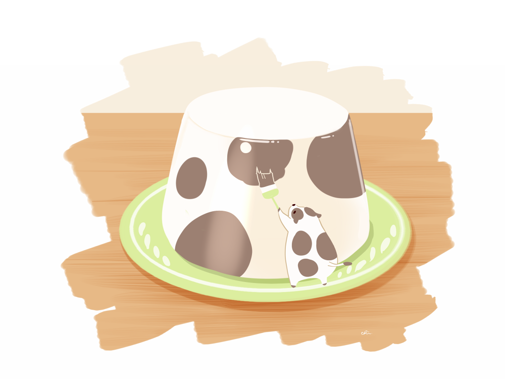 animal_focus animal_print chai commentary cow cow_print food food_focus no_humans original paintbrush painting_(object) plate pudding simple_background standing undersized_animal white_background wooden_table