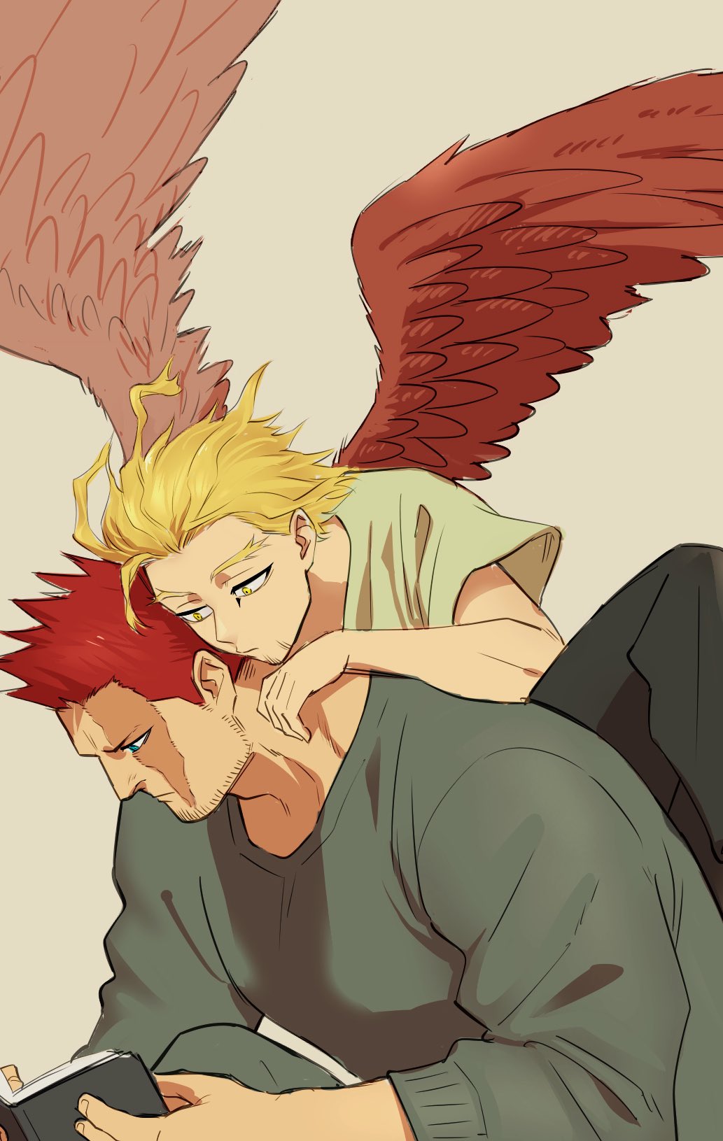 2boys beard blonde_hair blue_eyes boku_no_hero_academia book burn_scar close-up endeavor_(boku_no_hero_academia) facial_hair feathered_wings goatee hawks_(boku_no_hero_academia) highres holding holding_book holding_person knee_up leaning_forward leaning_on_person male_focus multiple_boys osutoraria_(1ndi_g0) pants reading red_feathers redhead scar scar_across_eye scar_on_face simple_background size_difference sweatpants sweatshirt wings yellow_eyes