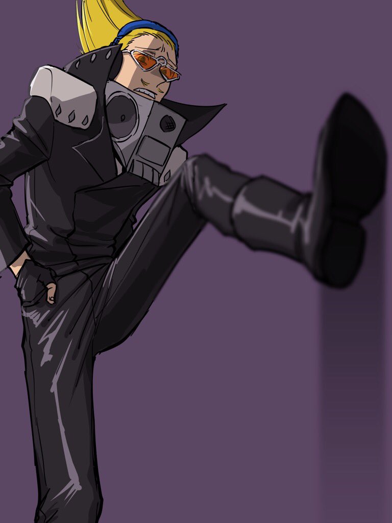 1boy black_jacket blonde_hair boku_no_hero_academia boots costume facial_hair fingerless_gloves foot_up furrowed_brow gloves hair_up hands_in_pockets headphones high_collar jacket leg_lift male_focus mature_male mustache osutoraria_(1ndi_g0) present_mic simple_background solo speaker standing standing_on_one_leg tinted_eyewear toned toned_male