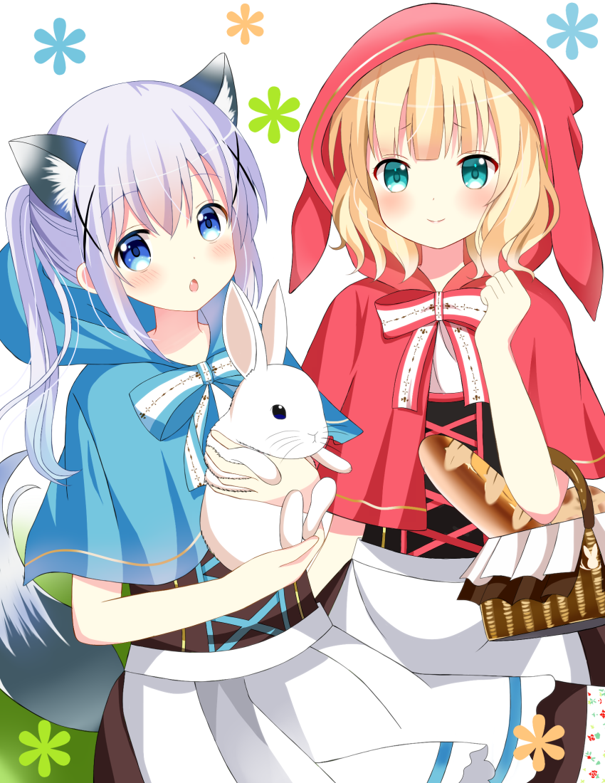 2girls alternate_costume alternate_hair_color alternate_hairstyle animal animal_ears animal_hood aqua_eyes baguette basket blonde_hair blue_eyes blue_hair bread chestnut_mouth closed_mouth commentary_request corset cosplay dress eyebrows eyebrows_visible_through_hair fang food gochuumon_wa_usagi_desu_ka? gradient_hair hair_between_eyes hair_ornament holding holding_animal hood kafuu_chino kemonomimi_mode kirima_sharo light_purple_hair little_red_riding_hood little_red_riding_hood_(grimm) little_red_riding_hood_(grimm)_(cosplay) long_hair looking_at_viewer multicolored_hair multiple_girls open_mouth ponytail rabbit red_hood revision ryoutan smile tail two-tone_hair white_background wolf_ears wolf_tail x_hair_ornament