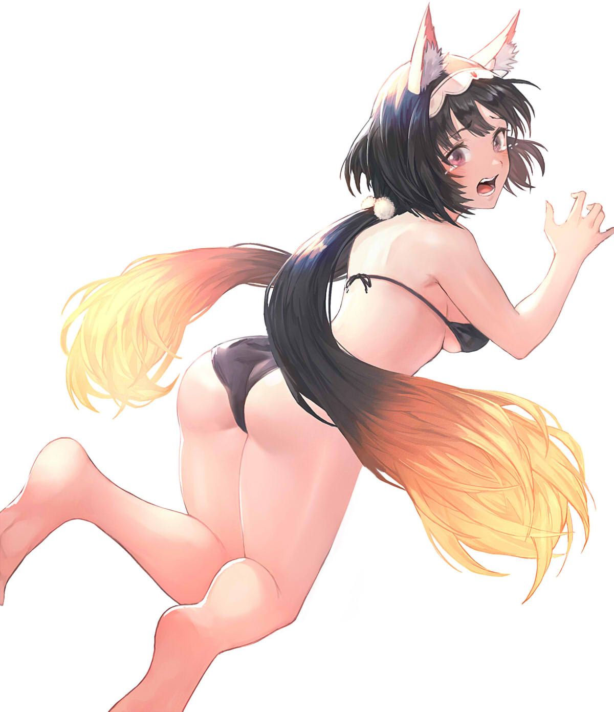 1girl animal_ears ass back bad_leg bad_perspective bad_proportions bangs bare_shoulders bikini black_bikini blush breasts brown_hair fate/grand_order fate_(series) fox_ears hairband highres large_breasts long_hair looking_at_viewer looking_back low_twintails open_mouth osakabe-hime_(fate) osakabe-hime_(foxy_lady)_(fate) otsukemono solo swimsuit tears thighs twintails very_long_hair violet_eyes