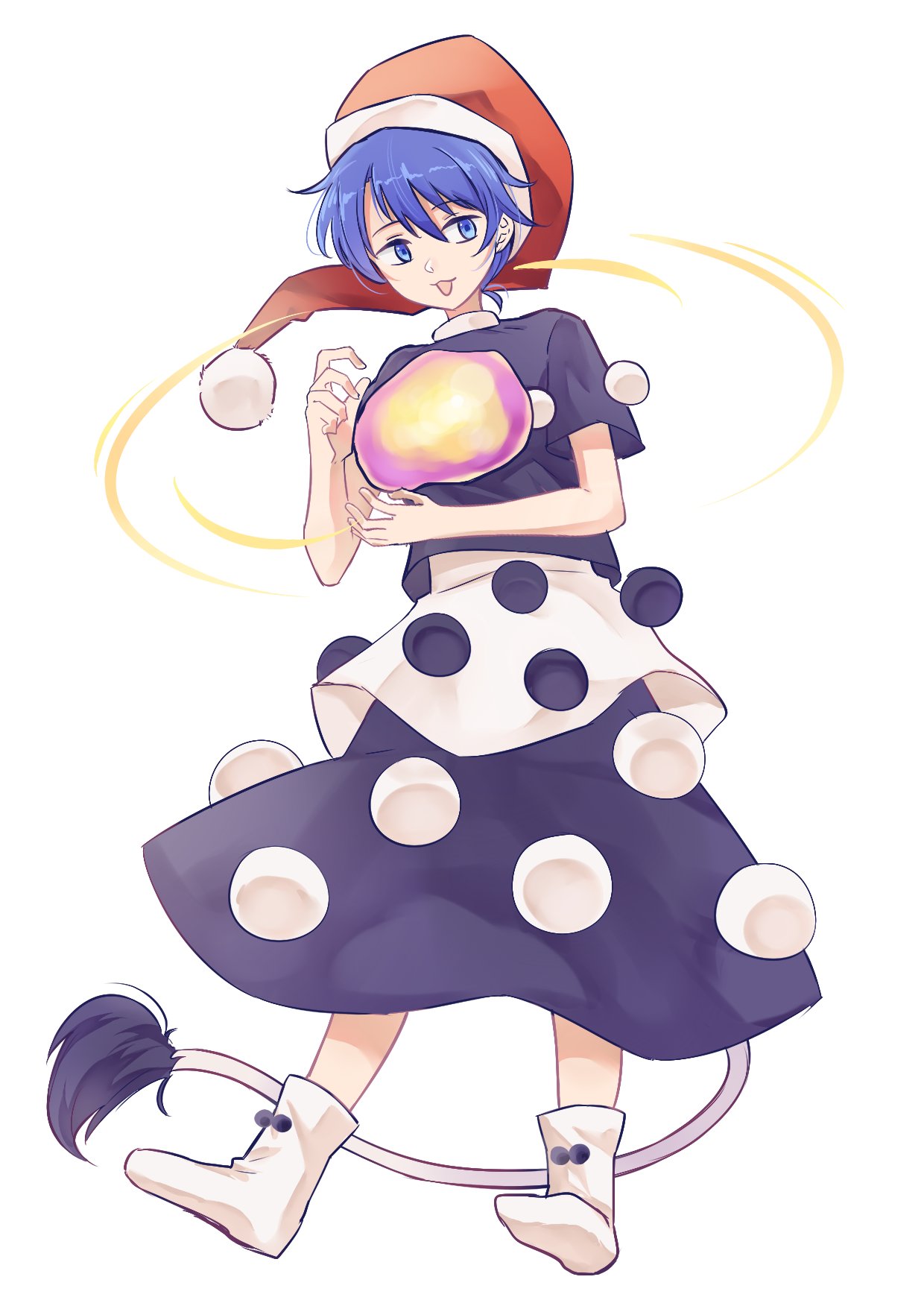 1girl :3 :p bangs black_capelet black_dress blue_eyes blue_hair blush boots capelet chinese_commentary closed_mouth commentary commentary_request doremy_sweet dream_soul dress full_body hat highres holding idaku looking_to_the_side nightcap pom_pom_(clothes) red_headwear santa_hat shiny shiny_hair short_hair simple_background smile solo tail tapir_tail tongue tongue_out touhou two-tone_dress white_background white_dress white_footwear