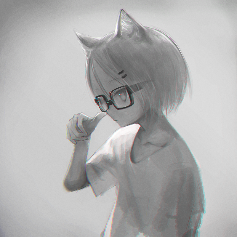 1girl animal_ears cat_ears cat_girl closed_mouth finger_to_nose glasses greyscale hair_between_eyes hair_ornament hairclip monochrome original shirt short_hair short_sleeves simple_background solo t-shirt upper_body yasushi