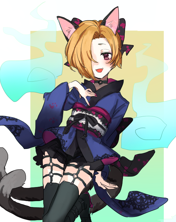 1girl a_ichi animal_ears black_footwear black_legwear blue_kimono boots border cat_ears cat_tail fang gradient gradient_background green_background hand_on_own_chest hitodama idolmaster idolmaster_cinderella_girls japanese_clothes kimono looking_at_viewer nail_polish shirasaka_koume solo tail thigh-highs violet_eyes white_border yellow_background